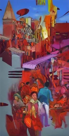 "Cafeler" eseri HAKAN ESMER tarafından 2013 yılında 80x40 cm ölçülerinde Tuval üzeri yağlı boya tekniği ile yapılmıştır.