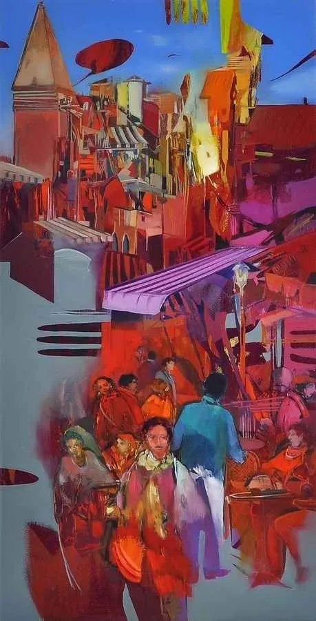 yakınlaştır "Cafeler" eseri HAKAN ESMER tarafından 2013 yılında 80x40 cm ölçülerinde Tuval üzeri yağlı boya tekniği ile yapılmıştır.