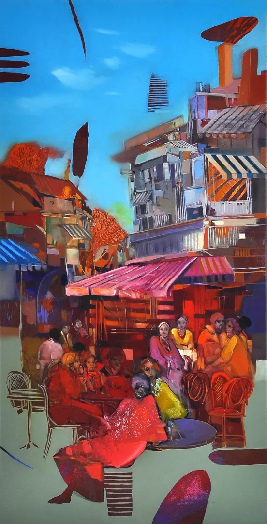 "Cafeler" eseri HAKAN ESMER tarafından 2013 yılında 80x40 cm ölçülerinde Tuval üzeri yağlı boya tekniği ile yapılmıştır.