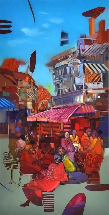 yakınlaştır "Cafeler" eseri HAKAN ESMER tarafından 2013 yılında 80x40 cm ölçülerinde Tuval üzeri yağlı boya tekniği ile yapılmıştır.