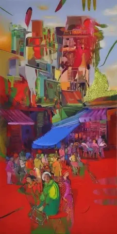 "Cafeler" eseri HAKAN ESMER tarafından 2013 yılında 80x40 cm ölçülerinde Tuval üzeri yağlı boya tekniği ile yapılmıştır.