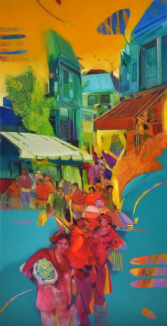"Cafeler" eseri HAKAN ESMER tarafından 2013 yılında 80x40 cm ölçülerinde Tuval üzeri yağlı boya tekniği ile yapılmıştır.