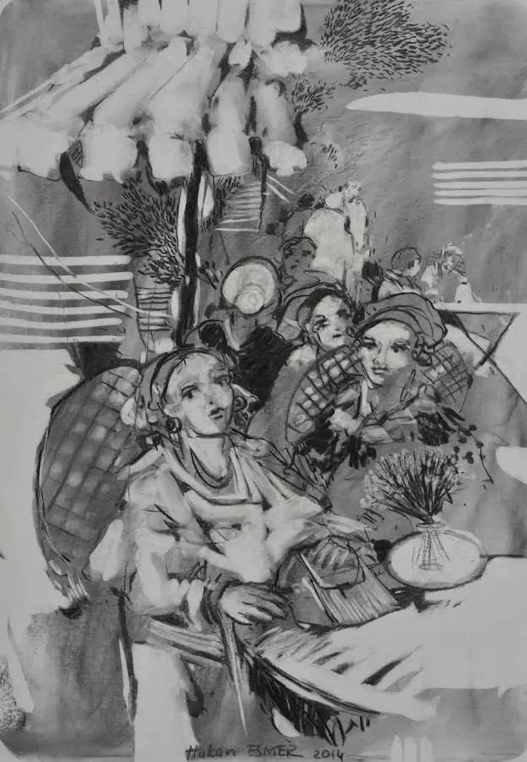 "Cafe" eseri HAKAN ESMER tarafından 2014 yılında 40x32 cm ölçülerinde Kağıt üzeri desen tekniği ile yapılmıştır.