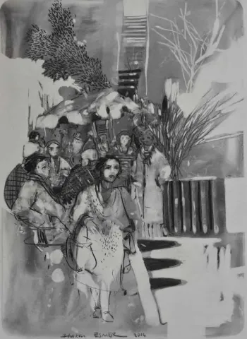 "Cafe" eseri HAKAN ESMER tarafından 2014 yılında 40x32 cm ölçülerinde Kağıt üzeri desen tekniği ile yapılmıştır.