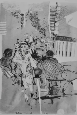"Cafe" eseri HAKAN ESMER tarafından 2014 yılında 40x32 cm ölçülerinde Kağıt üzeri desen tekniği ile yapılmıştır.