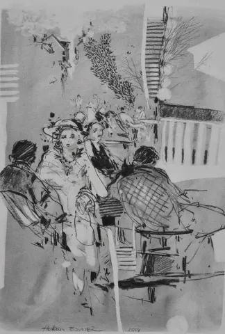 "Cafe" eseri HAKAN ESMER tarafından 2014 yılında 40x32 cm ölçülerinde Kağıt üzeri desen tekniği ile yapılmıştır.