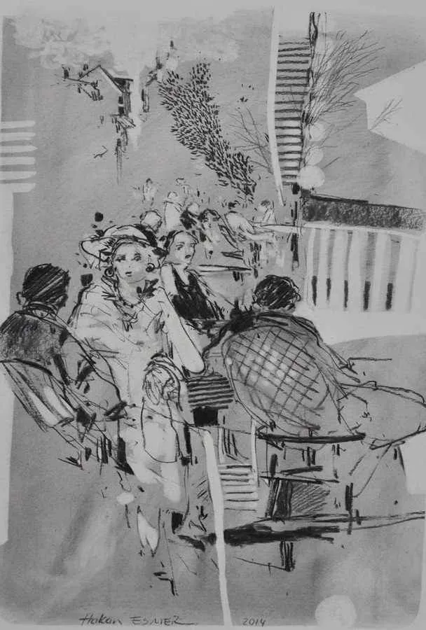 yakınlaştır "Cafe" eseri HAKAN ESMER tarafından 2014 yılında 40x32 cm ölçülerinde Kağıt üzeri desen tekniği ile yapılmıştır.