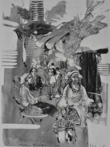 "Cafe" eseri HAKAN ESMER tarafından 2014 yılında 40x32 cm ölçülerinde Kağıt üzeri desen tekniği ile yapılmıştır.