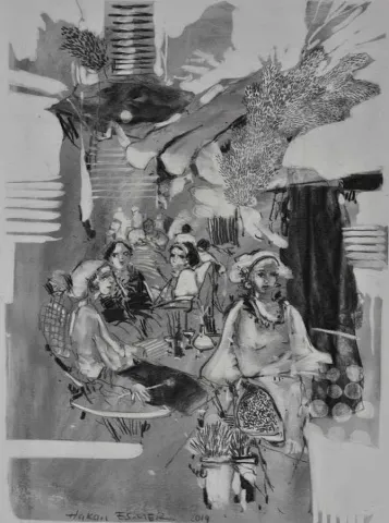 "Cafe" eseri HAKAN ESMER tarafından 2014 yılında 40x32 cm ölçülerinde Kağıt üzeri desen tekniği ile yapılmıştır.
