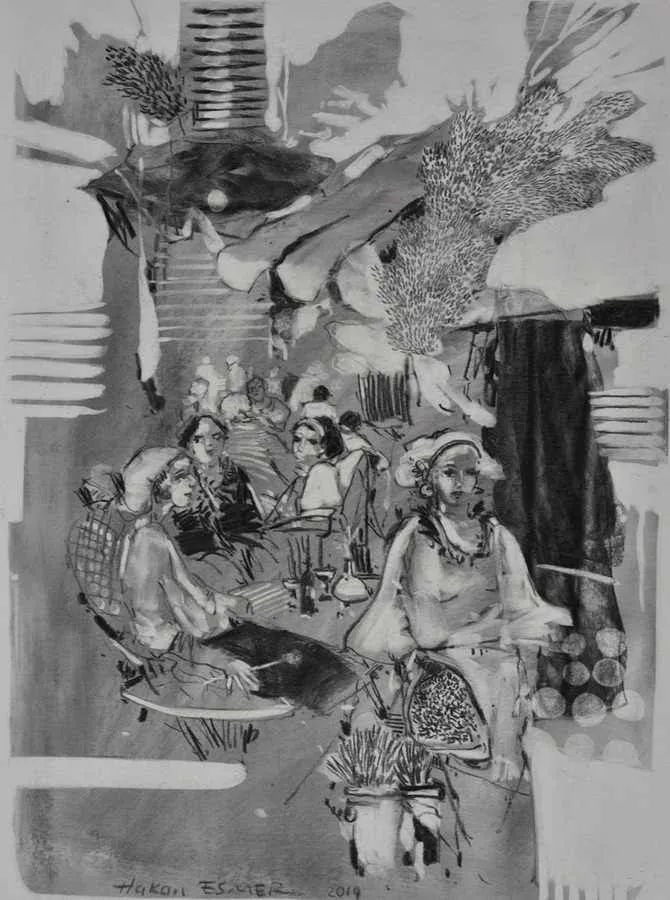 yakınlaştır "Cafe" eseri HAKAN ESMER tarafından 2014 yılında 40x32 cm ölçülerinde Kağıt üzeri desen tekniği ile yapılmıştır.