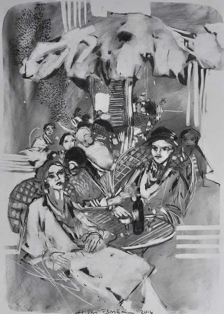 "Cafe" eseri HAKAN ESMER tarafından 2014 yılında 40x32 cm ölçülerinde Kağıt üzeri desen tekniği ile yapılmıştır.
