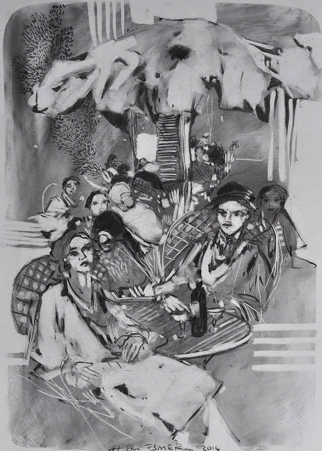 yakınlaştır "Cafe" eseri HAKAN ESMER tarafından 2014 yılında 40x32 cm ölçülerinde Kağıt üzeri desen tekniği ile yapılmıştır.