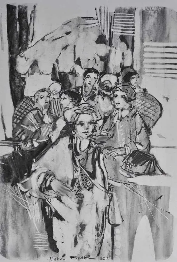 "Cafe" eseri HAKAN ESMER tarafından 2014 yılında 40x32 cm ölçülerinde Kağıt üzeri desen tekniği ile yapılmıştır.