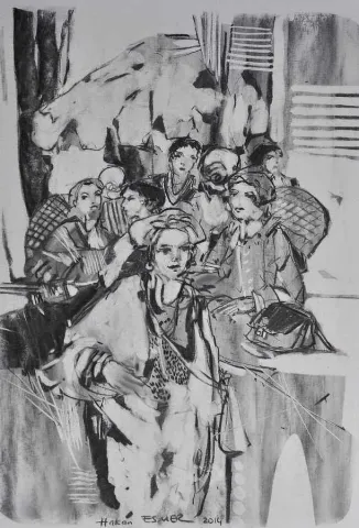 "Cafe" eseri HAKAN ESMER tarafından 2014 yılında 40x32 cm ölçülerinde Kağıt üzeri desen tekniği ile yapılmıştır.