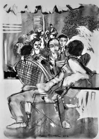"Cafe" eseri HAKAN ESMER tarafından 2014 yılında 40x32 cm ölçülerinde Kağıt üzeri desen tekniği ile yapılmıştır.