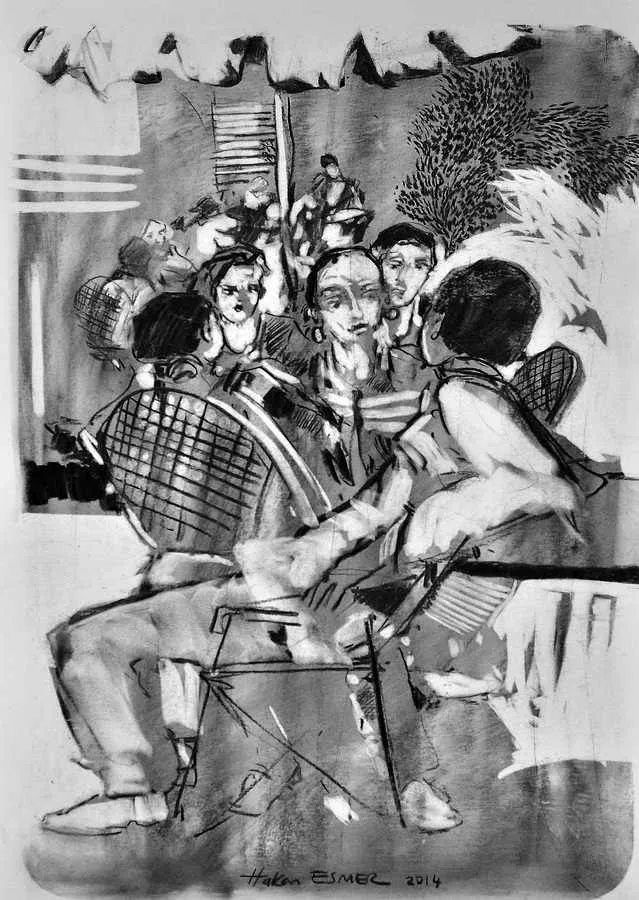yakınlaştır "Cafe" eseri HAKAN ESMER tarafından 2014 yılında 40x32 cm ölçülerinde Kağıt üzeri desen tekniği ile yapılmıştır.