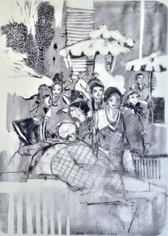 "Cafe" eseri HAKAN ESMER tarafından 2014 yılında 40x32 cm ölçülerinde Kağıt üzeri desen tekniği ile yapılmıştır.