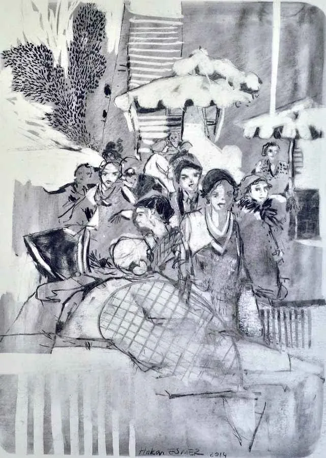 "Cafe" eseri HAKAN ESMER tarafından 2014 yılında 40x32 cm ölçülerinde Kağıt üzeri desen tekniği ile yapılmıştır.