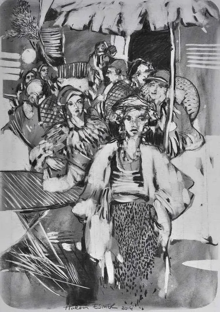 "Cafe" eseri HAKAN ESMER tarafından 2014 yılında 40x32 cm ölçülerinde Kağıt üzeri desen tekniği ile yapılmıştır.