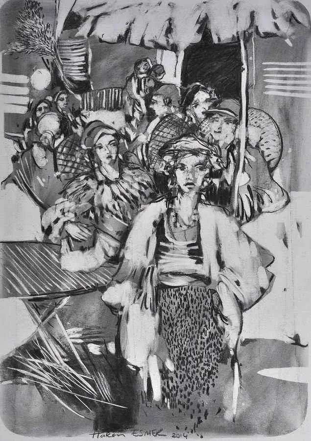 "Cafe" eseri HAKAN ESMER tarafından 2014 yılında 40x32 cm ölçülerinde Kağıt üzeri desen tekniği ile yapılmıştır.