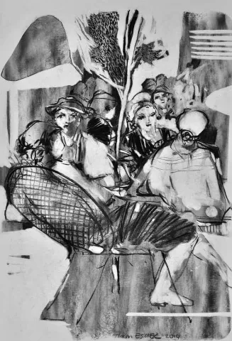 "Cafe" eseri HAKAN ESMER tarafından 2014 yılında 40x32 cm ölçülerinde Kağıt üzeri desen tekniği ile yapılmıştır.