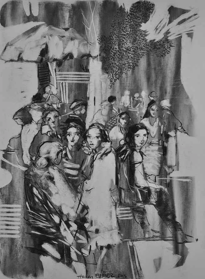 "Cafe" eseri HAKAN ESMER tarafından 2014 yılında 40x32 cm ölçülerinde Kağıt üzeri desen tekniği ile yapılmıştır.