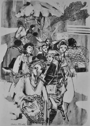 "Cafe" eseri HAKAN ESMER tarafından 2014 yılında 40x32 cm ölçülerinde Kağıt üzeri desen tekniği ile yapılmıştır.