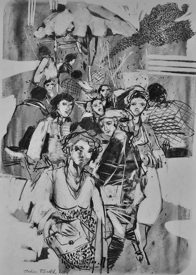 "Cafe" eseri HAKAN ESMER tarafından 2014 yılında 40x32 cm ölçülerinde Kağıt üzeri desen tekniği ile yapılmıştır.