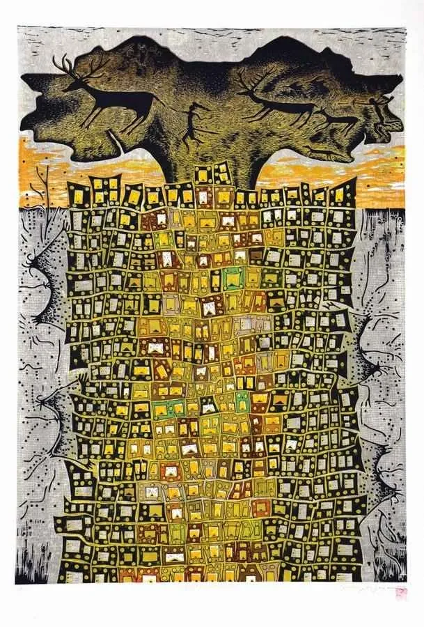 HASAN KIRAN — “Çatalhöyükte Yaşam,I-”, 2012 "Çatalhöyükte Yaşam,I-" eseri HASAN KIRAN tarafından 2012 yılında 120x85 cm ölçülerinde Ağaç Baskı tekniği ile yapılmıştır.