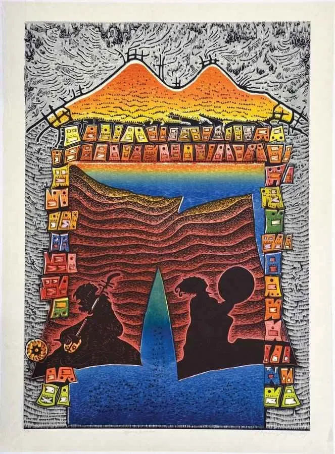 yakınlaştır "Ülgene Şarkılar,-" eseri HASAN KIRAN tarafından 2012 yılında 120x85 cm ölçülerinde Ağaç Baskı tekniği ile yapılmıştır.