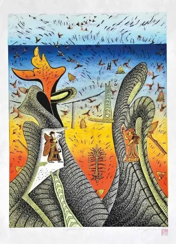 "Söylenceler , Urartu IV-" eseri HASAN KIRAN tarafından 2012 yılında 84x60 cm ölçülerinde Ağaç Baskı tekniği ile yapılmıştır.