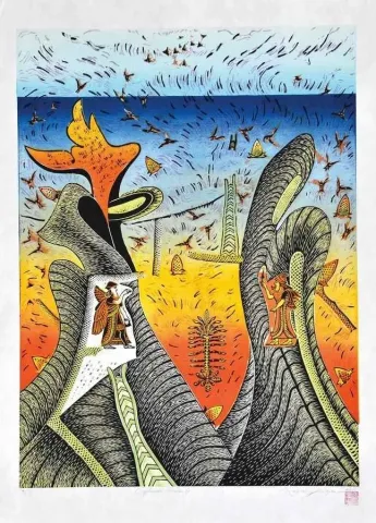 "Söylenceler , Urartu IV-" eseri HASAN KIRAN tarafından 2012 yılında 84x60 cm ölçülerinde Ağaç Baskı tekniği ile yapılmıştır.