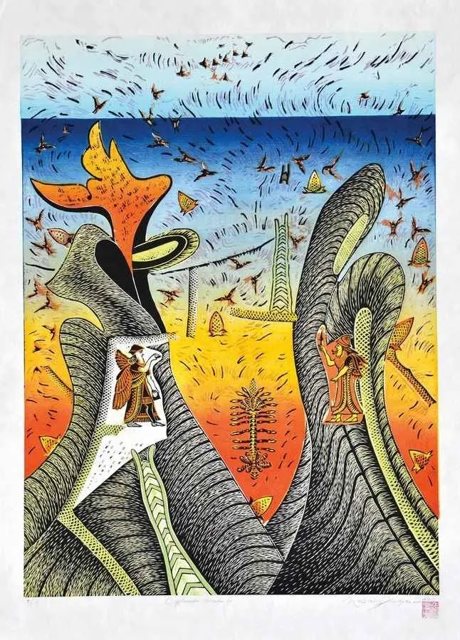 yakınlaştır "Söylenceler , Urartu IV-" eseri HASAN KIRAN tarafından 2012 yılında 84x60 cm ölçülerinde Ağaç Baskı tekniği ile yapılmıştır.