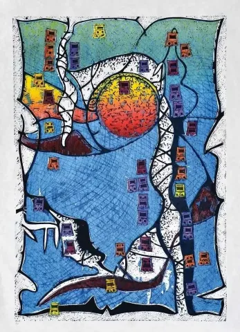 "Çatalhöyükte Yaşam,IV-" eseri HASAN KIRAN tarafından 2014 yılında 120x85 cm ölçülerinde Ağaç Baskı tekniği ile yapılmıştır.