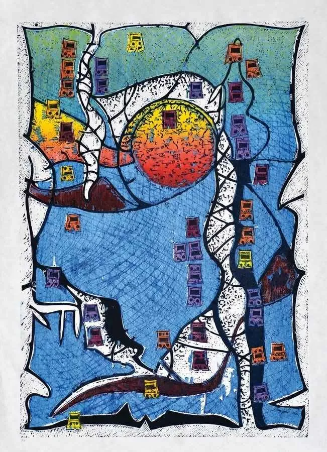 "Çatalhöyükte Yaşam,IV-" eseri HASAN KIRAN tarafından 2014 yılında 120x85 cm ölçülerinde Ağaç Baskı tekniği ile yapılmıştır.
