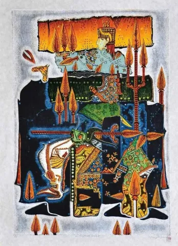 "Söylenceler , Urartu-III" eseri HASAN KIRAN tarafından 2012 yılında 120x85 cm ölçülerinde Ağaç Baskı tekniği ile yapılmıştır.