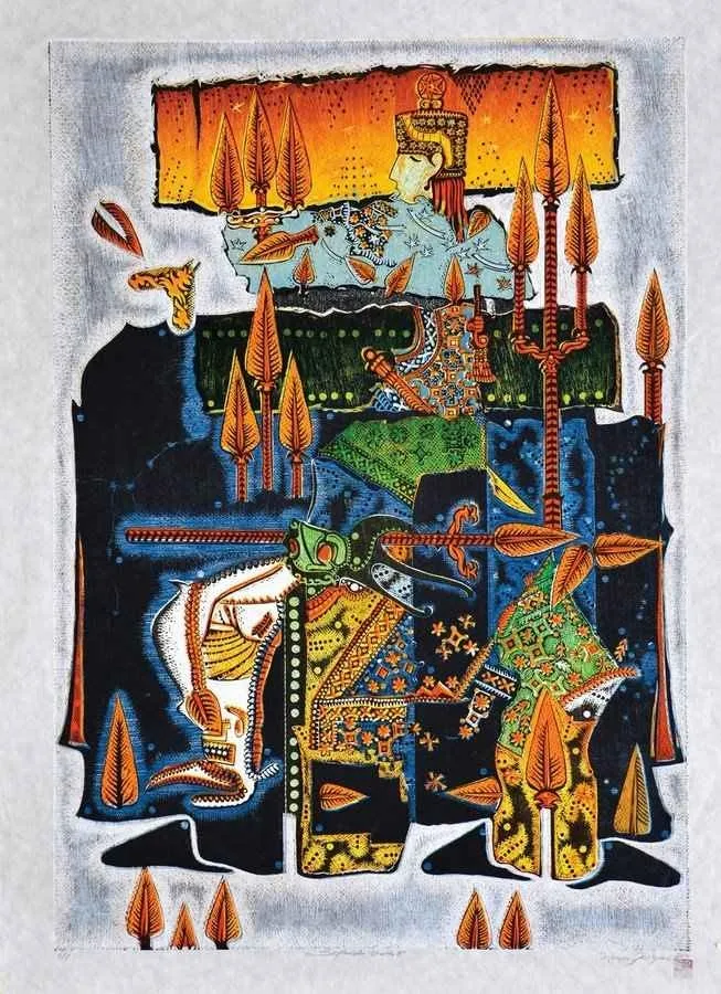 yakınlaştır "Söylenceler , Urartu-III" eseri HASAN KIRAN tarafından 2012 yılında 120x85 cm ölçülerinde Ağaç Baskı tekniği ile yapılmıştır.