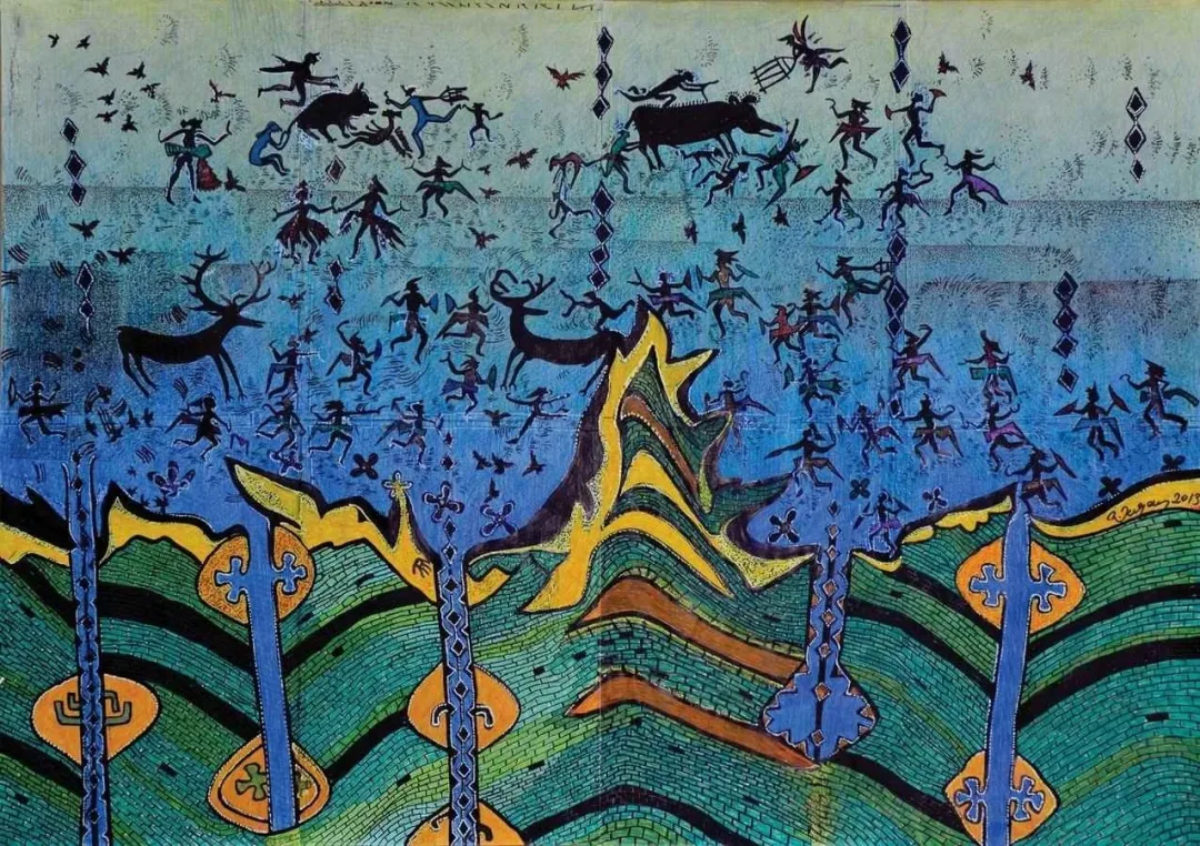 HASAN KIRAN — “Çatalhöyükte Yaşam IV,-”, 2014 "Çatalhöyükte Yaşam IV,-" eseri HASAN KIRAN tarafından 2014 yılında 85x120 cm ölçülerinde Ağaç Baskı tekniği ile yapılmıştır.