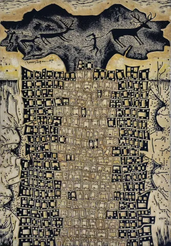 HASAN KIRAN — “Çatalhöyükte Yaşam,I-”, 2012 "Çatalhöyükte Yaşam,I-" eseri HASAN KIRAN tarafından 2012 yılında 120x85 cm ölçülerinde Ana Kalıp tekniği ile yapılmıştır.