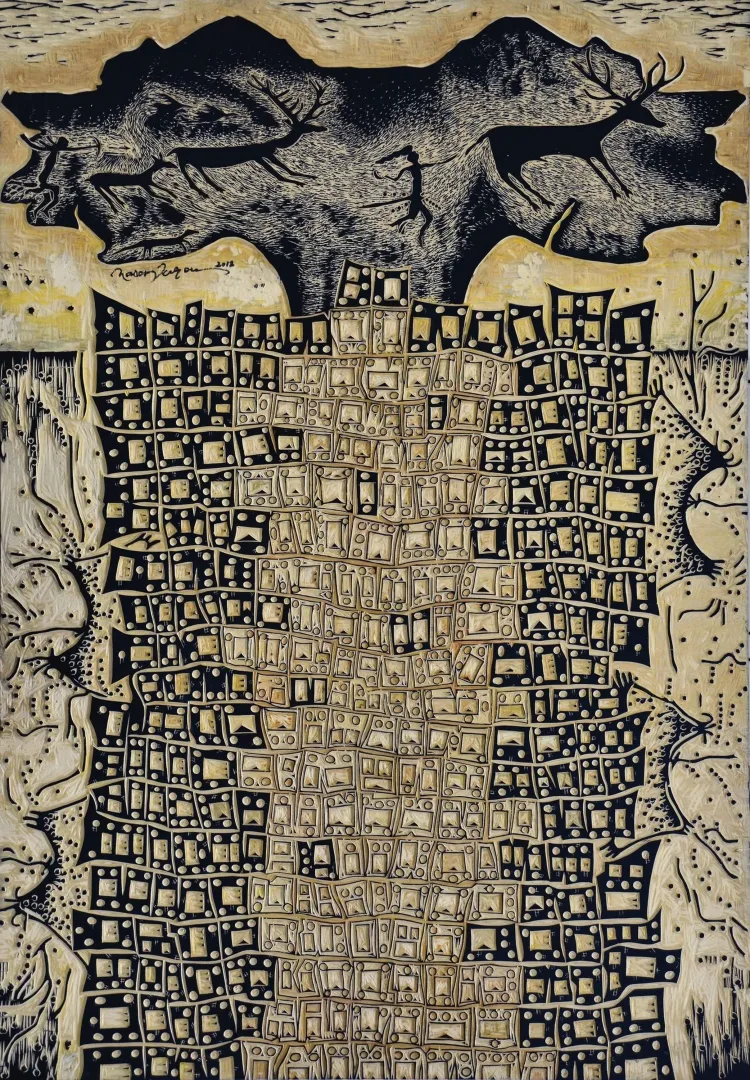 "Çatalhöyükte Yaşam,I-" eseri HASAN KIRAN tarafından 2012 yılında 120x85 cm ölçülerinde Ana Kalıp tekniği ile yapılmıştır.