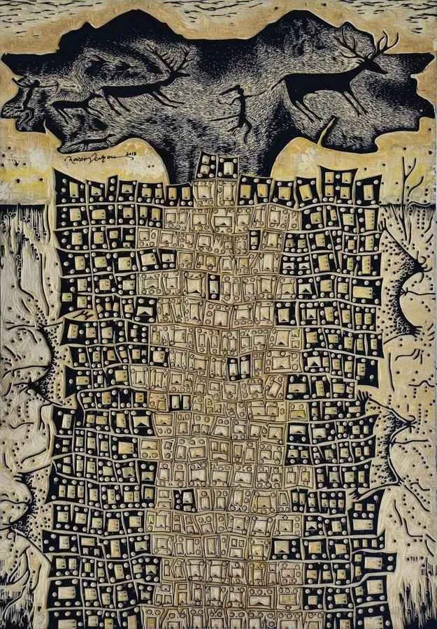 yakınlaştır "Çatalhöyükte Yaşam,I-" eseri HASAN KIRAN tarafından 2012 yılında 120x85 cm ölçülerinde Ana Kalıp tekniği ile yapılmıştır.