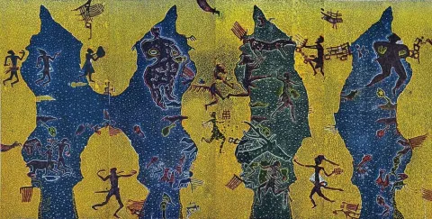 "Çatalhöyükte Yaşam II,-" eseri HASAN KIRAN tarafından 2014 yılında 170x340 cm ölçülerinde Ağaç Baskı tekniği ile yapılmıştır.