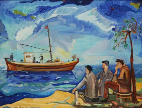 "Üç Balıkçı" eseri ERCAN GÜLEN tarafından 60x80 cm ölçülerinde Tuval üzeri yağlı boya tekniği ile yapılmıştır.
