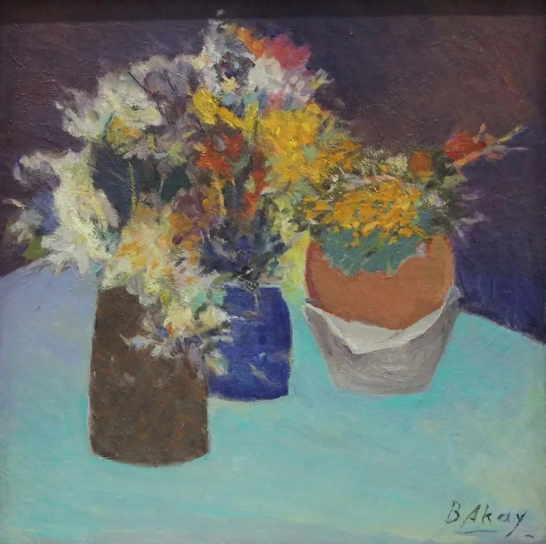 "Çiçekler" eseri BAHATTİN AKAY tarafından 41x41 cm ölçülerinde Tuval üzeri yağlı boya tekniği ile yapılmıştır.