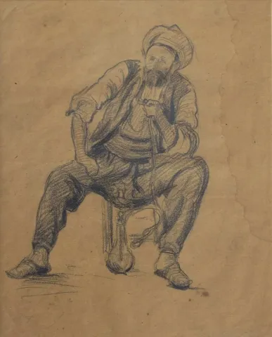 "Nargile içen adam" eseri ŞEREF AKDİK tarafından 28x22 cm ölçülerinde Desen tekniği ile yapılmıştır.
