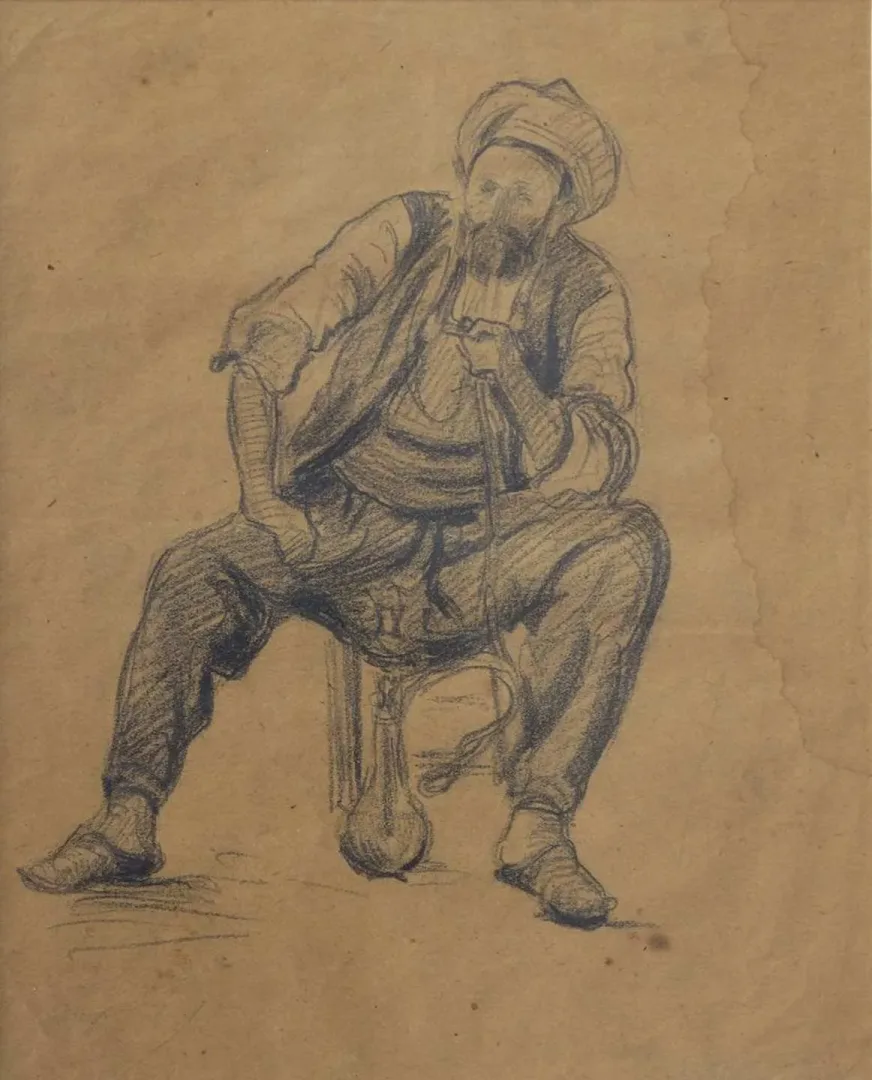 "Nargile içen adam" eseri ŞEREF AKDİK tarafından 28x22 cm ölçülerinde Desen tekniği ile yapılmıştır.