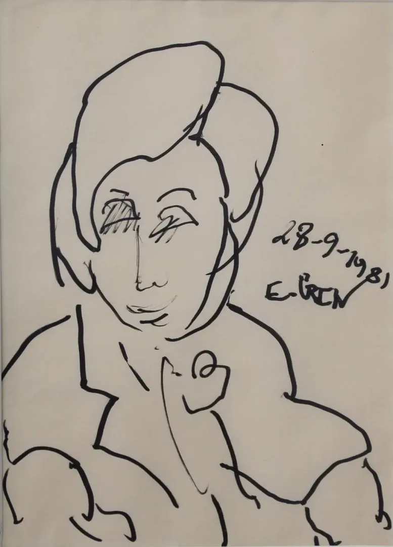 yakınlaştır "İsimsiz" eseri EŞREF ÜREN tarafından 1981 yılında 28x20 cm ölçülerinde Desen tekniği ile yapılmıştır.