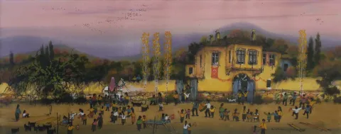 "Köyde Düğün" eseri VAHAP DEMİRBAŞ tarafından 2008 yılında 19x48 cm ölçülerinde Suluboya tekniği ile yapılmıştır.