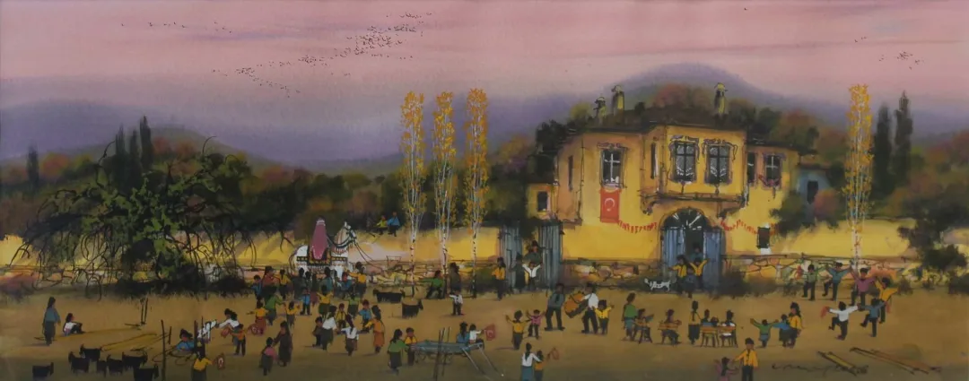"Köyde Düğün" eseri VAHAP DEMİRBAŞ tarafından 2008 yılında 19x48 cm ölçülerinde Suluboya tekniği ile yapılmıştır.