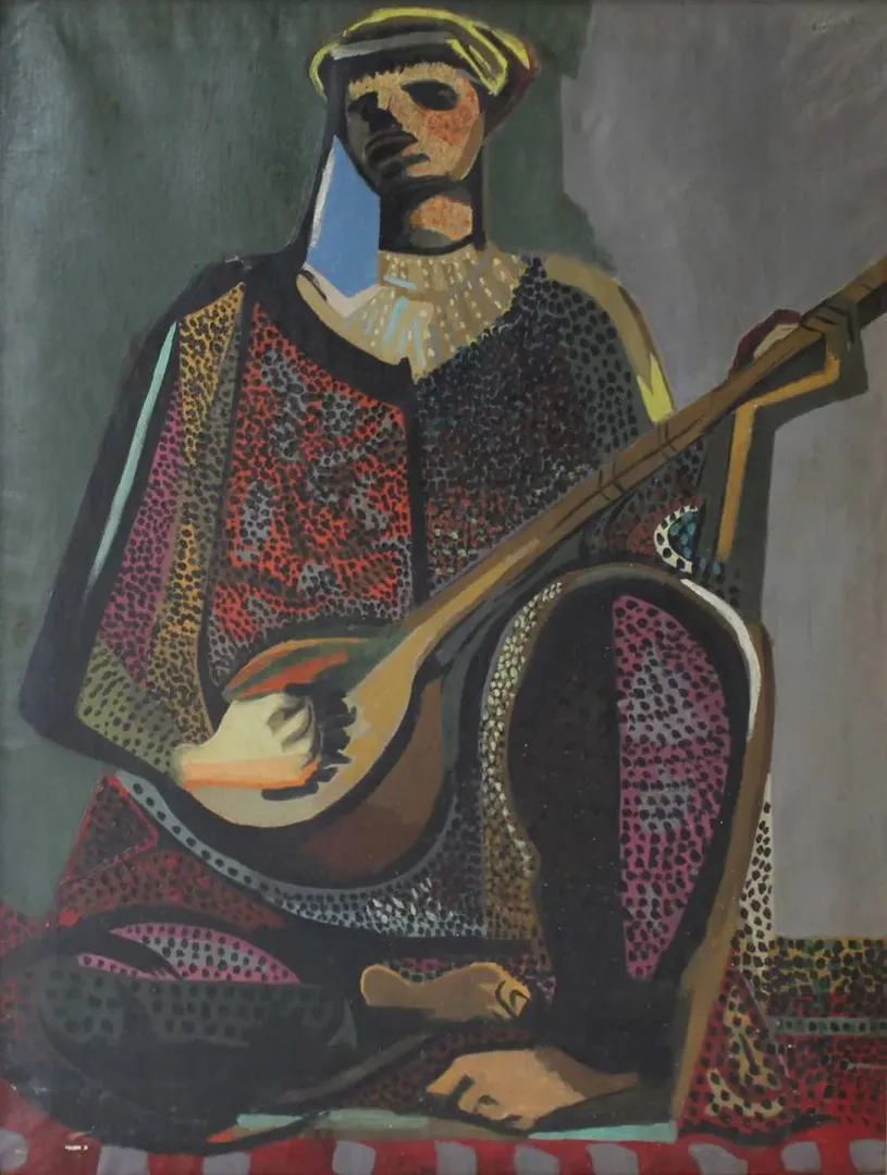 yakınlaştır "Saz çalan ozan" eseri BEDRİ RAHMİ EYÜBOĞLU tarafından 122x92 cm ölçülerinde Tuval üzeri yağlı boya tekniği ile yapılmıştır.